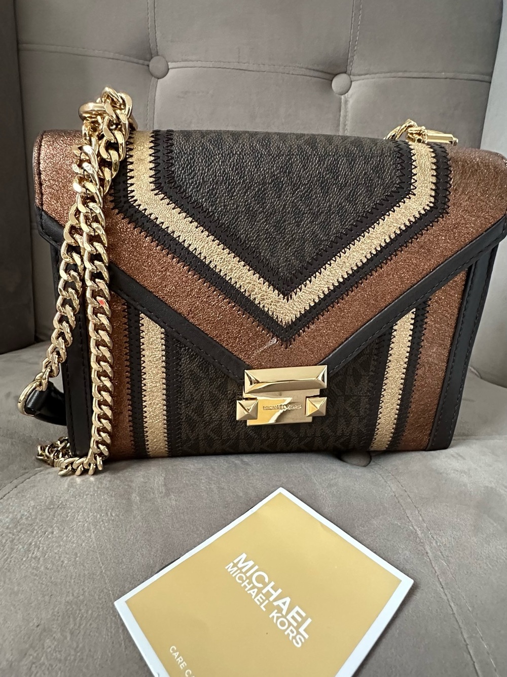 Michael Kors Brown, Gold & Black Chevron Crossbody Bag